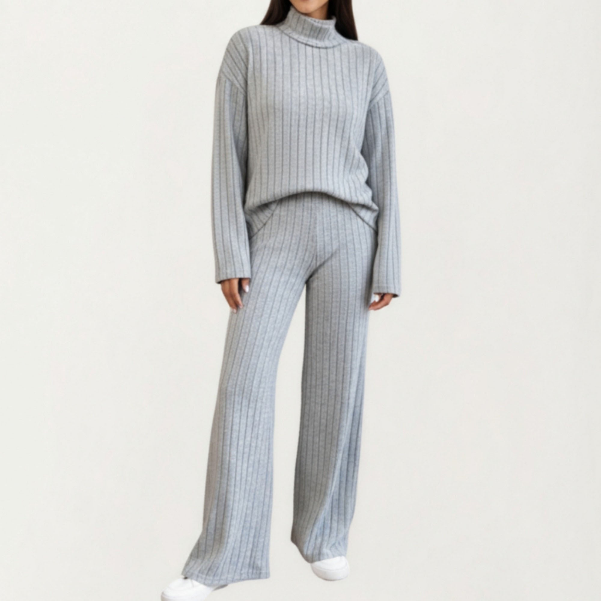 Anna-Kaci Women¡¯s Ribbed Knit Relaxed Fit 2-Piece Set with High Neck Top Soft Stretch Fabric and Wide Leg Pants