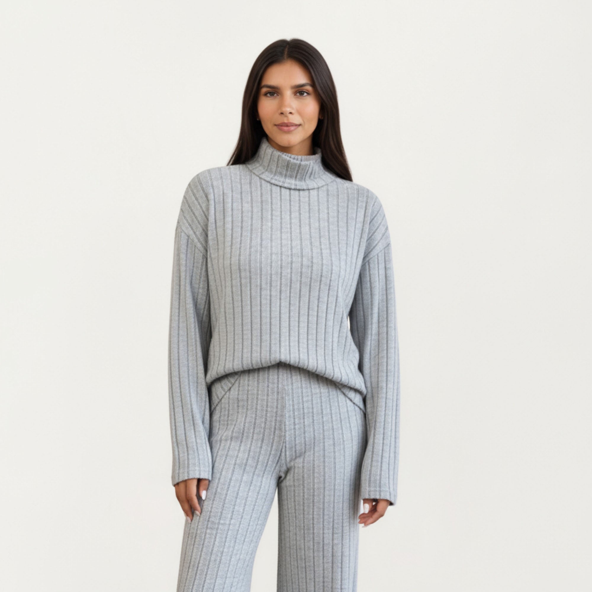Anna-Kaci Women¡¯s Ribbed Knit Relaxed Fit 2-Piece Set with High Neck Top Soft Stretch Fabric and Wide Leg Pants