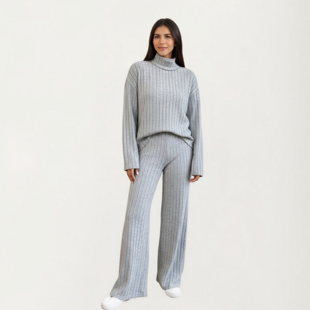 Anna-Kaci Women¡¯s Ribbed Knit Relaxed Fit 2-Piece Set with High Neck Top Soft Stretch Fabric and Wide Leg Pants