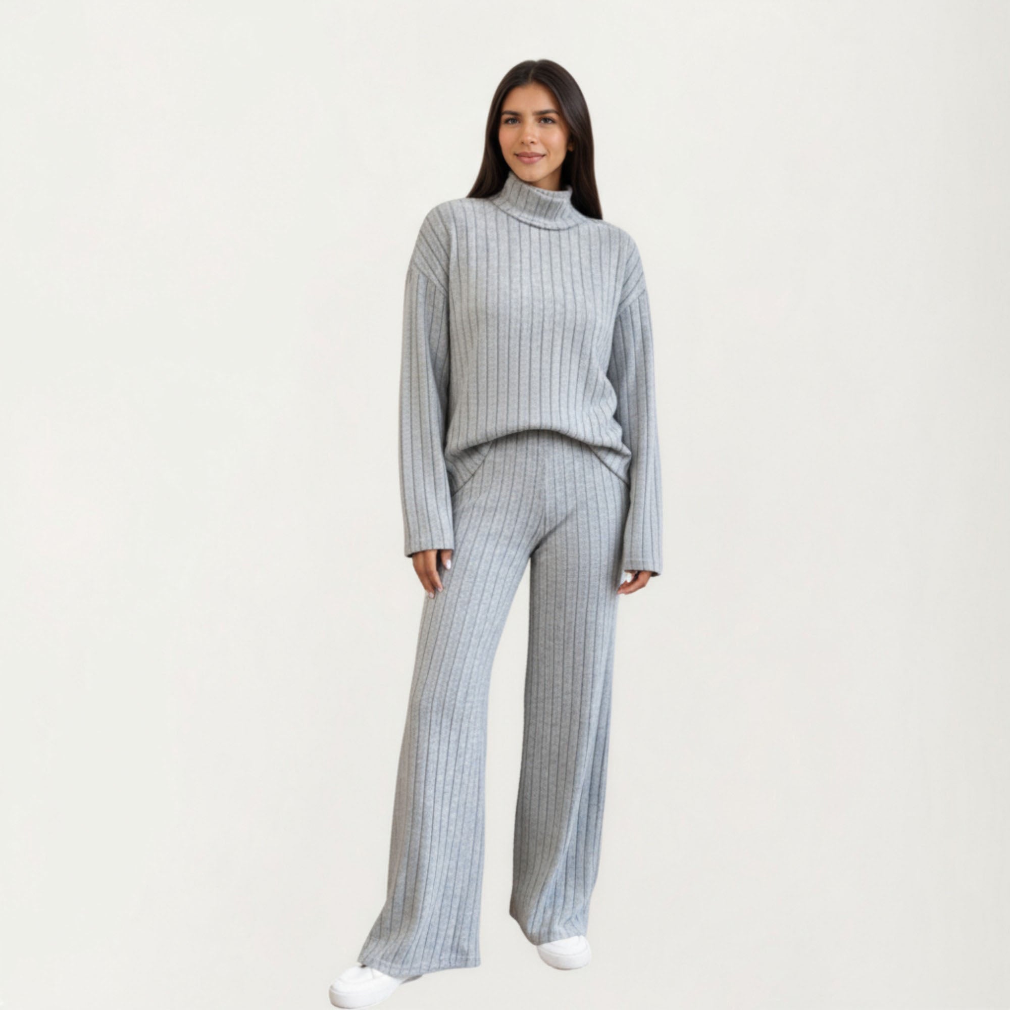 Anna-Kaci Women¡¯s Ribbed Knit Relaxed Fit 2-Piece Set with High Neck Top Soft Stretch Fabric and Wide Leg Pants