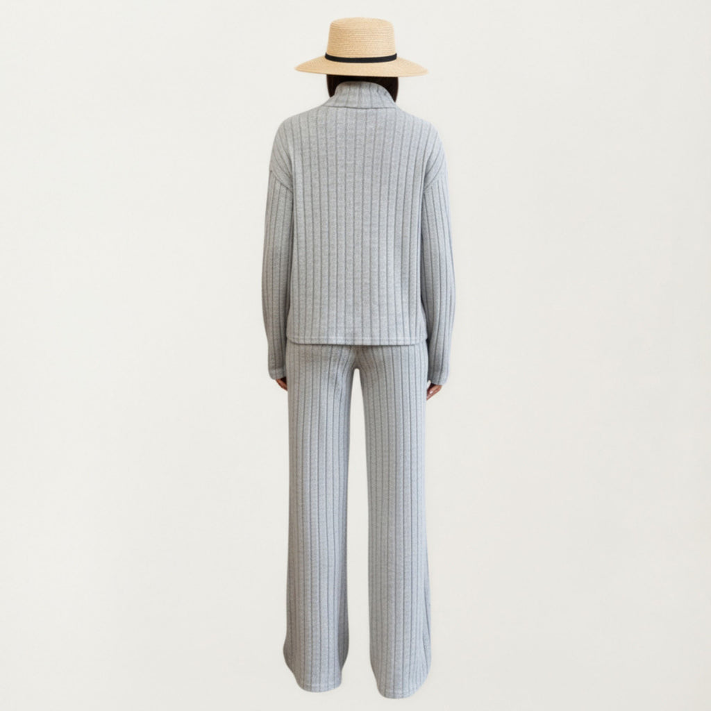Anna-Kaci Women¡¯s Ribbed Knit Relaxed Fit 2-Piece Set with High Neck Top Soft Stretch Fabric and Wide Leg Pants