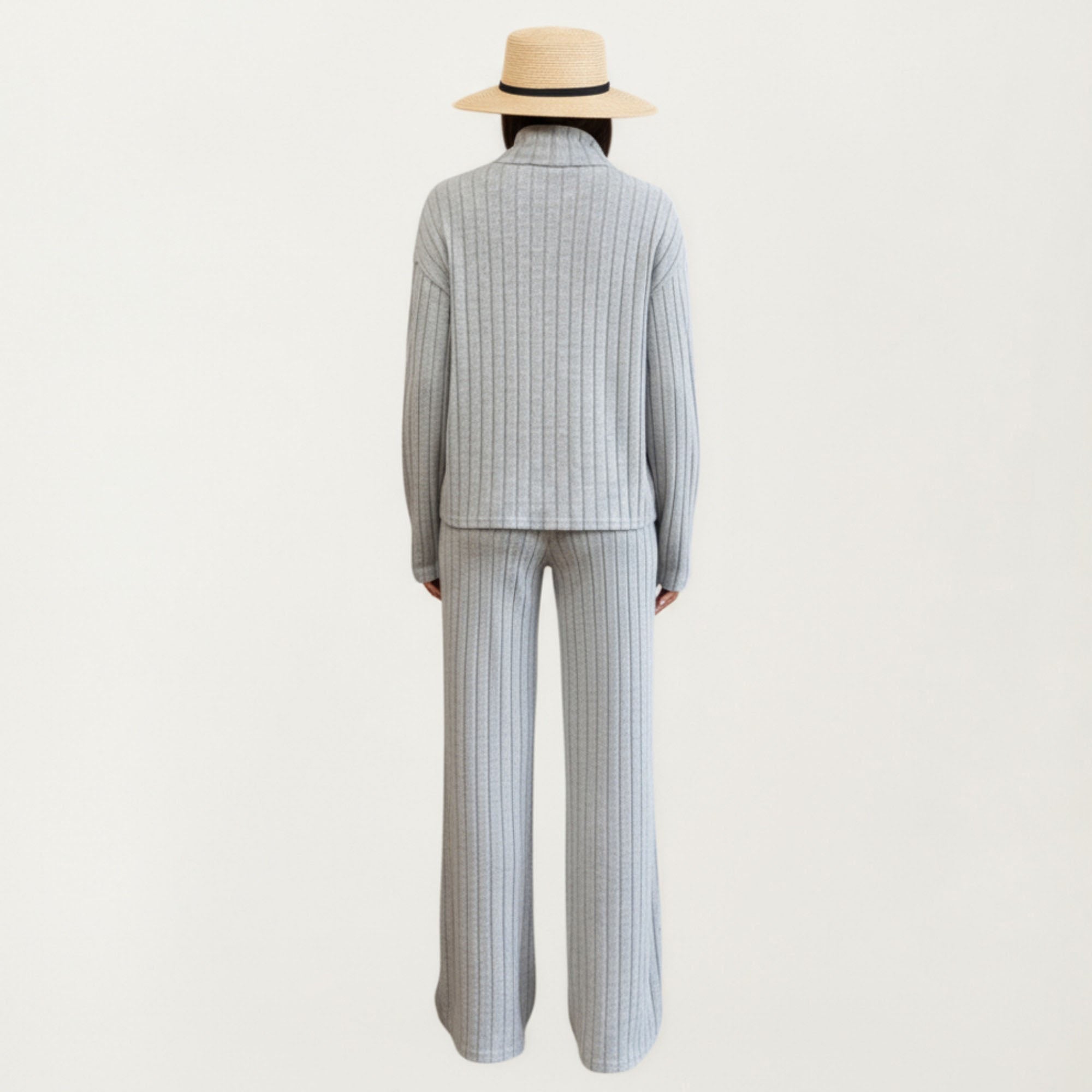 Anna-Kaci Women¡¯s Ribbed Knit Relaxed Fit 2-Piece Set with High Neck Top Soft Stretch Fabric and Wide Leg Pants