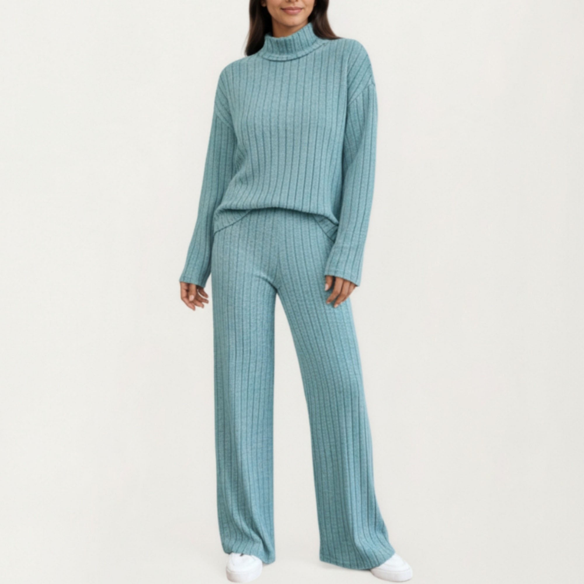 Anna-Kaci Women¡¯s Ribbed Knit Relaxed Fit 2-Piece Set with High Neck Top Soft Stretch Fabric and Wide Leg Pants