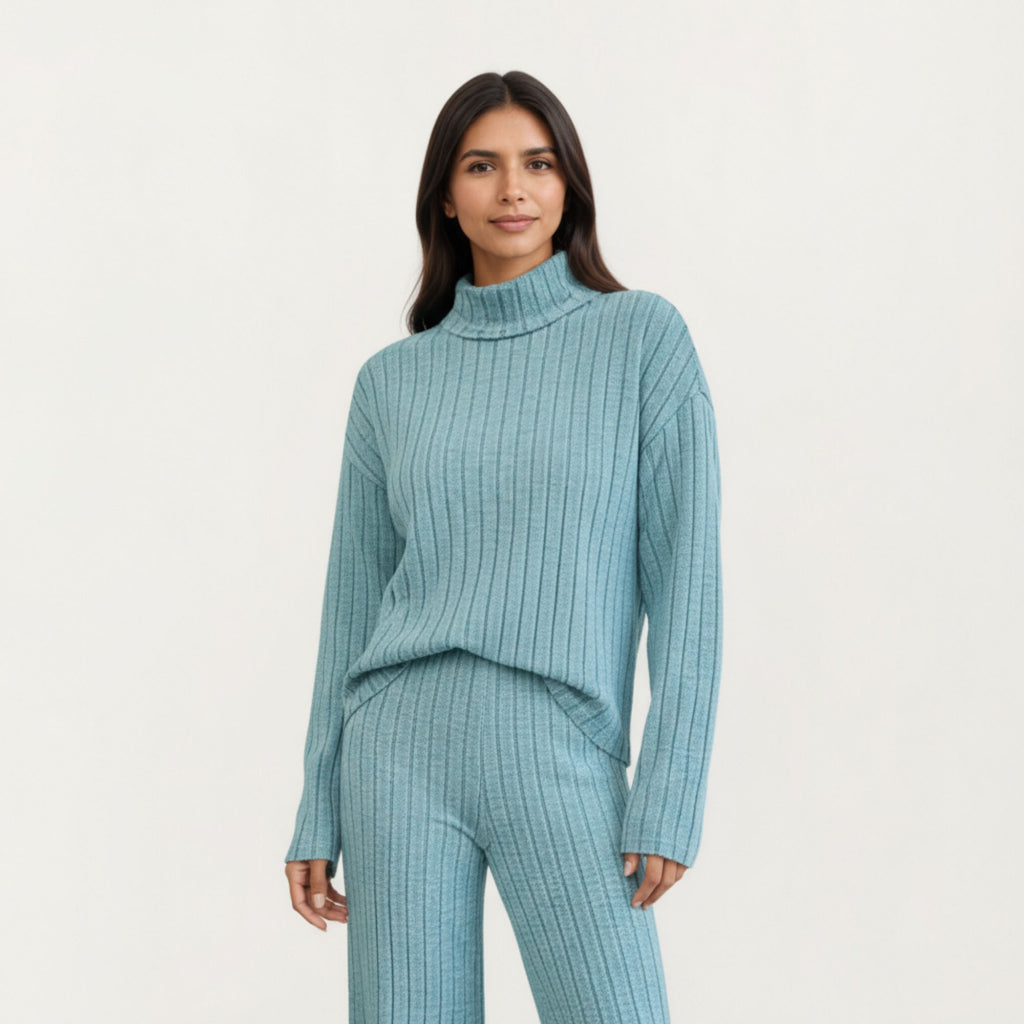 Anna-Kaci Women¡¯s Ribbed Knit Relaxed Fit 2-Piece Set with High Neck Top Soft Stretch Fabric and Wide Leg Pants