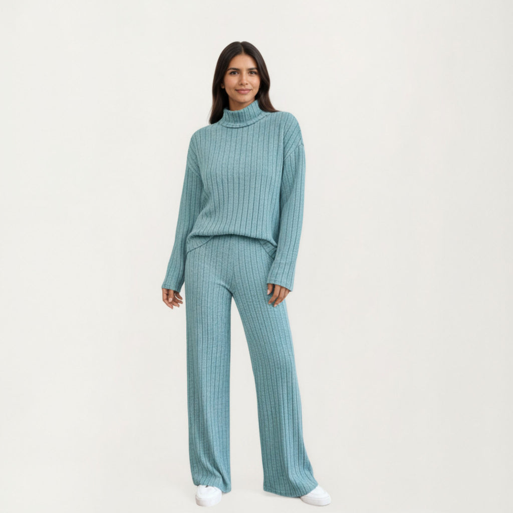Anna-Kaci Women¡¯s Ribbed Knit Relaxed Fit 2-Piece Set with High Neck Top Soft Stretch Fabric and Wide Leg Pants