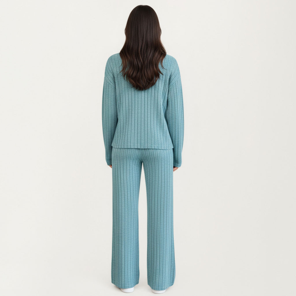 Anna-Kaci Women¡¯s Ribbed Knit Relaxed Fit 2-Piece Set with High Neck Top Soft Stretch Fabric and Wide Leg Pants