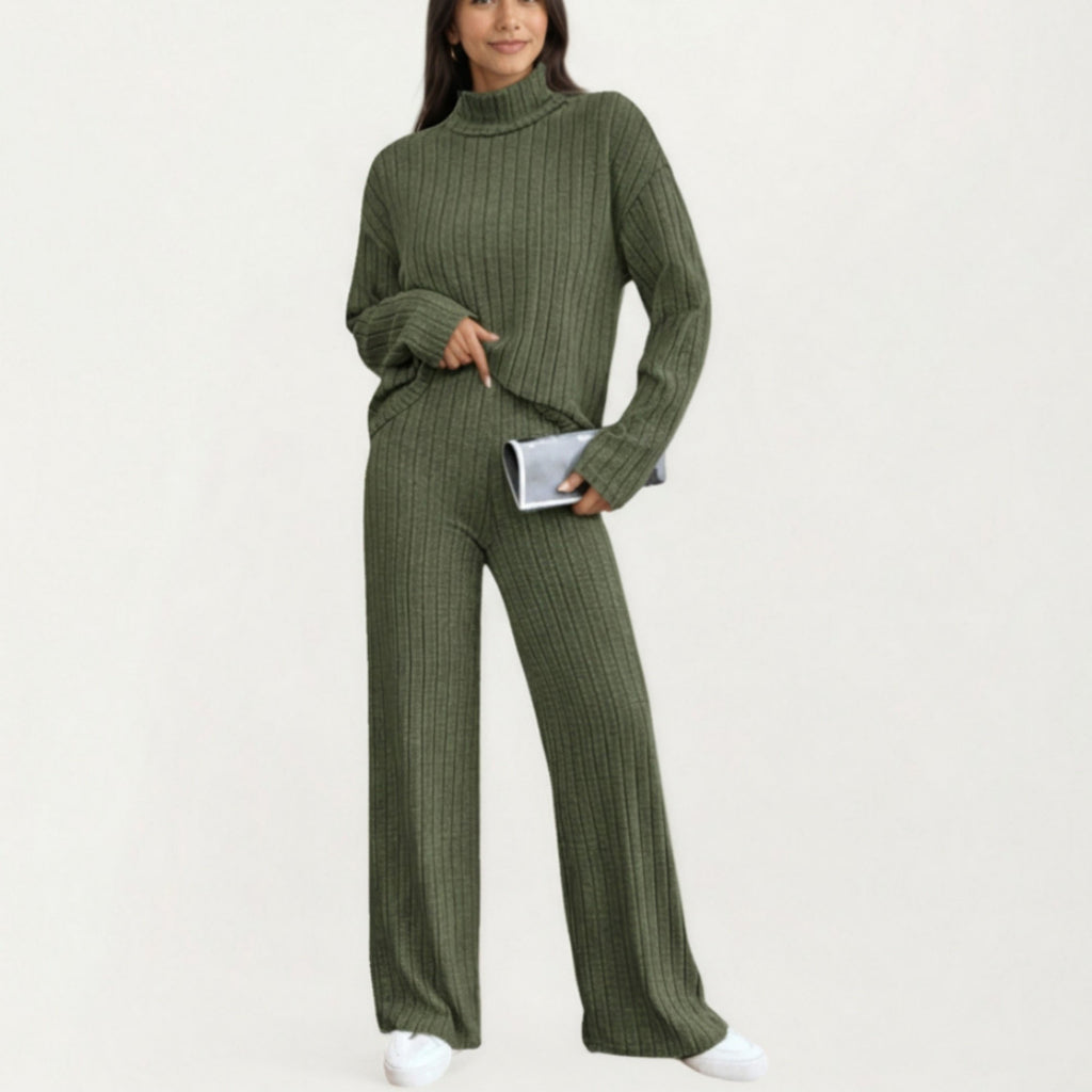 Anna-Kaci Women¡¯s Ribbed Knit Relaxed Fit 2-Piece Set with High Neck Top Soft Stretch Fabric and Wide Leg Pants