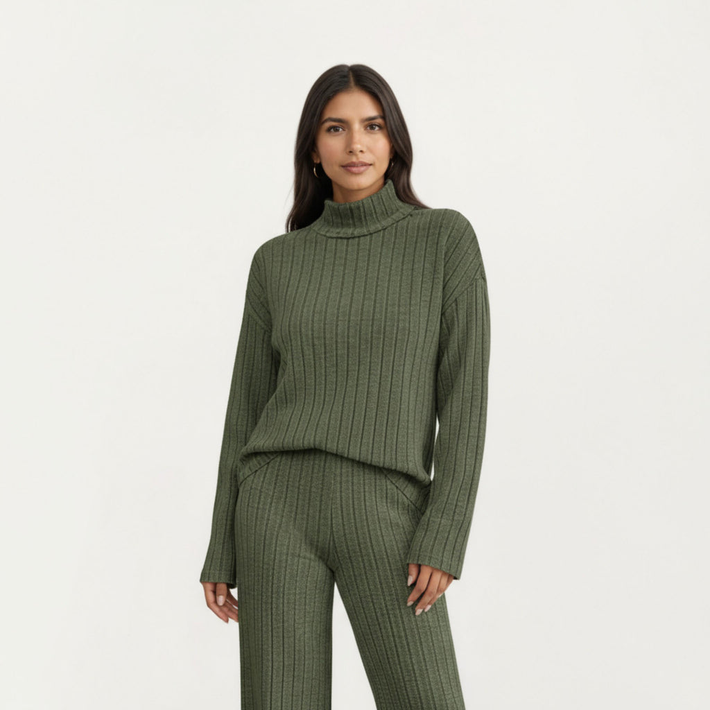 Anna-Kaci Women¡¯s Ribbed Knit Relaxed Fit 2-Piece Set with High Neck Top Soft Stretch Fabric and Wide Leg Pants