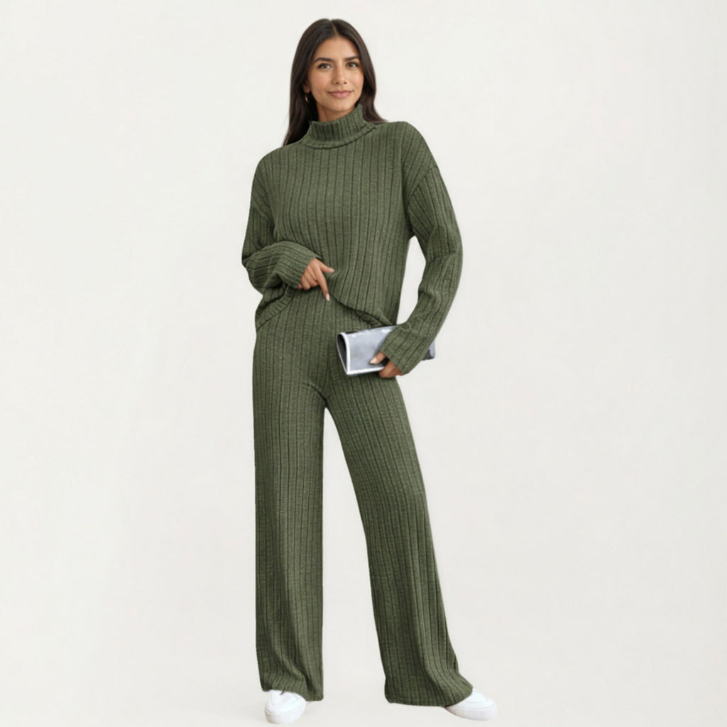 Anna-Kaci Women¡¯s Ribbed Knit Relaxed Fit 2-Piece Set with High Neck Top Soft Stretch Fabric and Wide Leg Pants