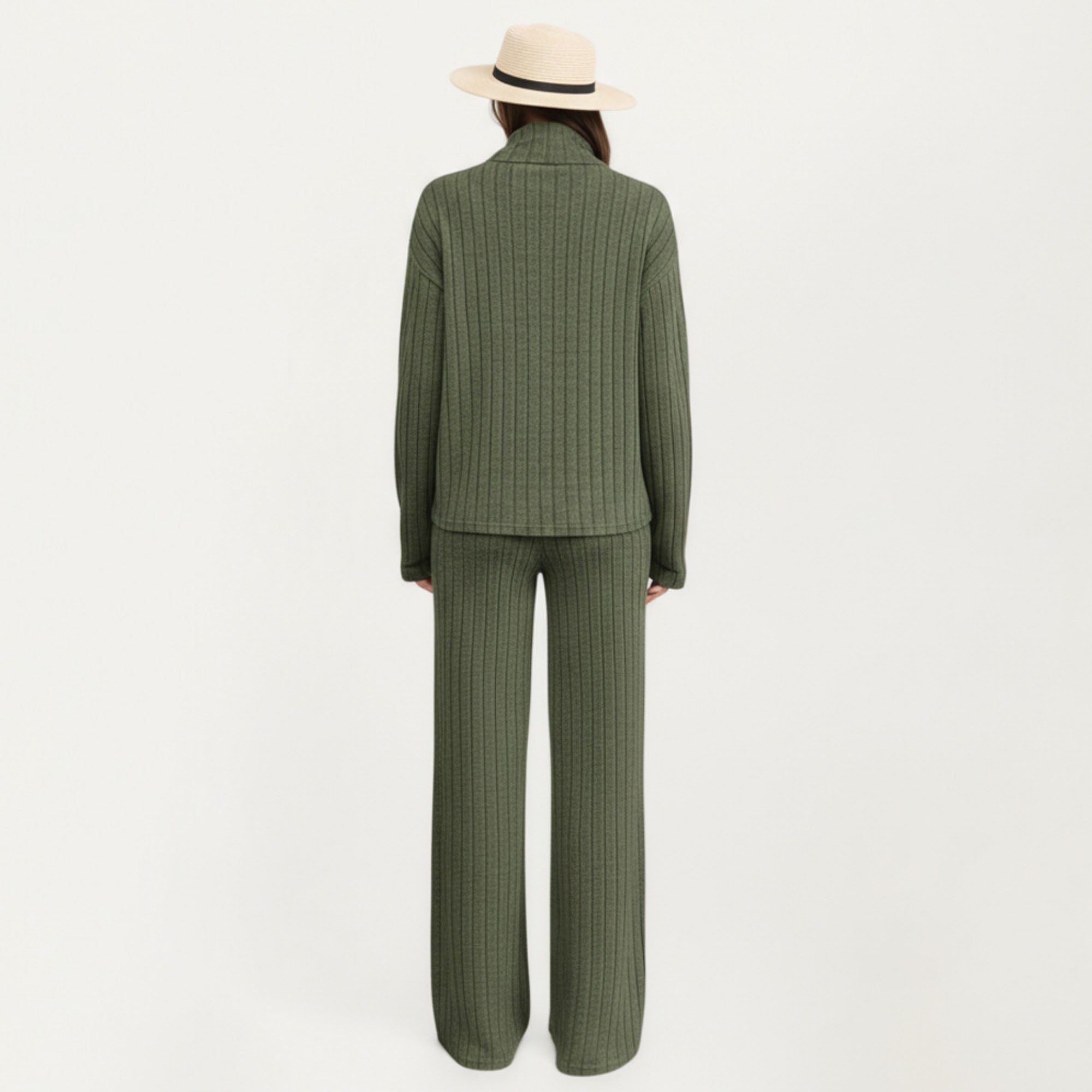 Anna-Kaci Women¡¯s Ribbed Knit Relaxed Fit 2-Piece Set with High Neck Top Soft Stretch Fabric and Wide Leg Pants
