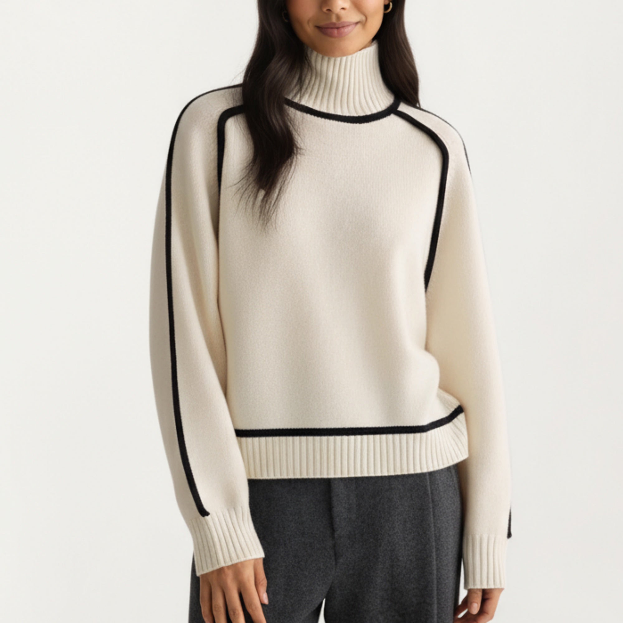 Anna-Kaci Women's Turtleneck Pullover Top with Contrast Trim Details and Ribbed Hemline for a Clean Modern Silhouette
