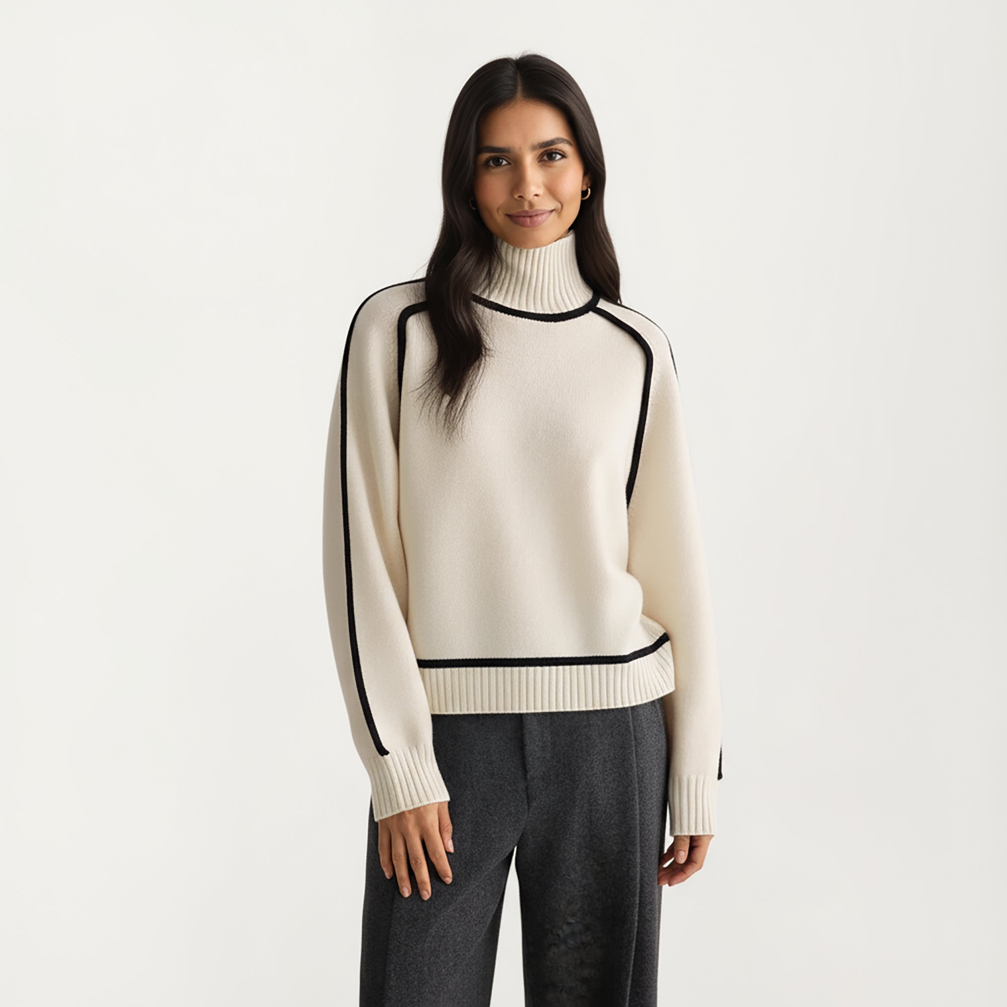 Anna-Kaci Women's Turtleneck Pullover Top with Contrast Trim Details and Ribbed Hemline for a Clean Modern Silhouette