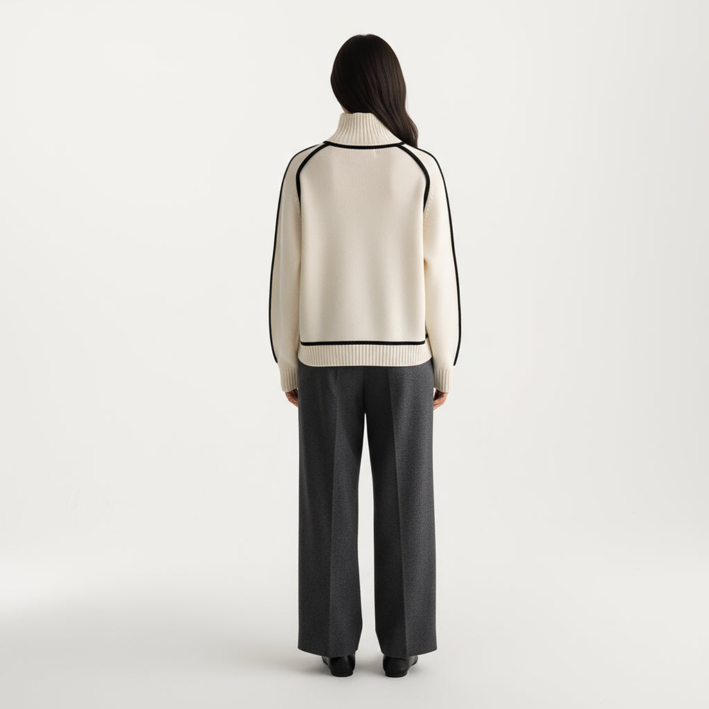 Anna-Kaci Women's Turtleneck Pullover Top with Contrast Trim Details and Ribbed Hemline for a Clean Modern Silhouette