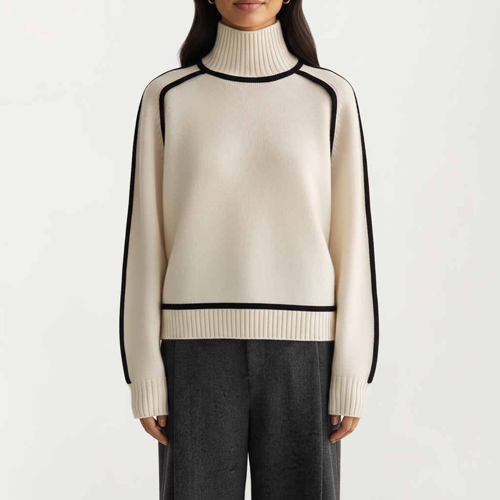 Anna-Kaci Women's Turtleneck Pullover Top with Contrast Trim Details and Ribbed Hemline for a Clean Modern Silhouette