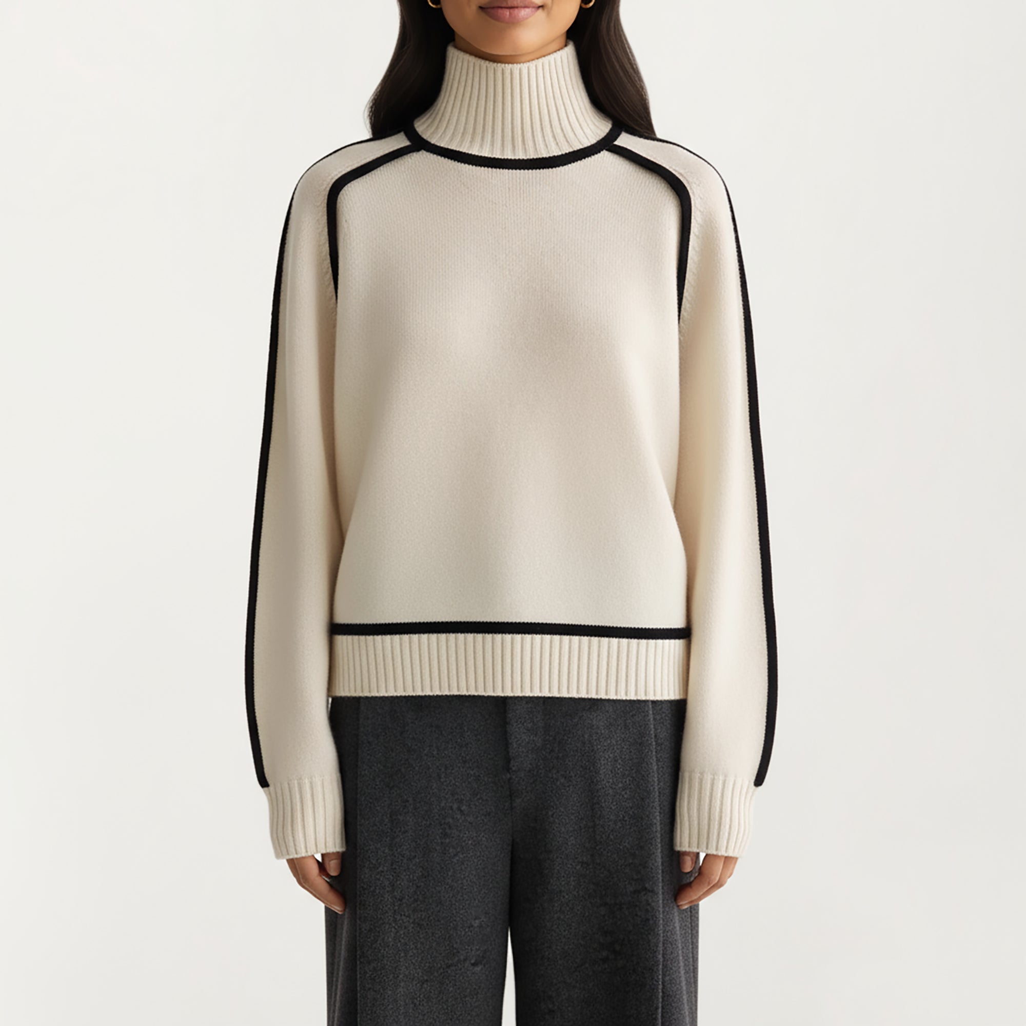 Anna-Kaci Women's Turtleneck Pullover Top with Contrast Trim Details and Ribbed Hemline for a Clean Modern Silhouette