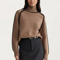 Anna-Kaci Women's Turtleneck Pullover Top with Contrast Trim Details and Ribbed Hemline for a Clean Modern Silhouette