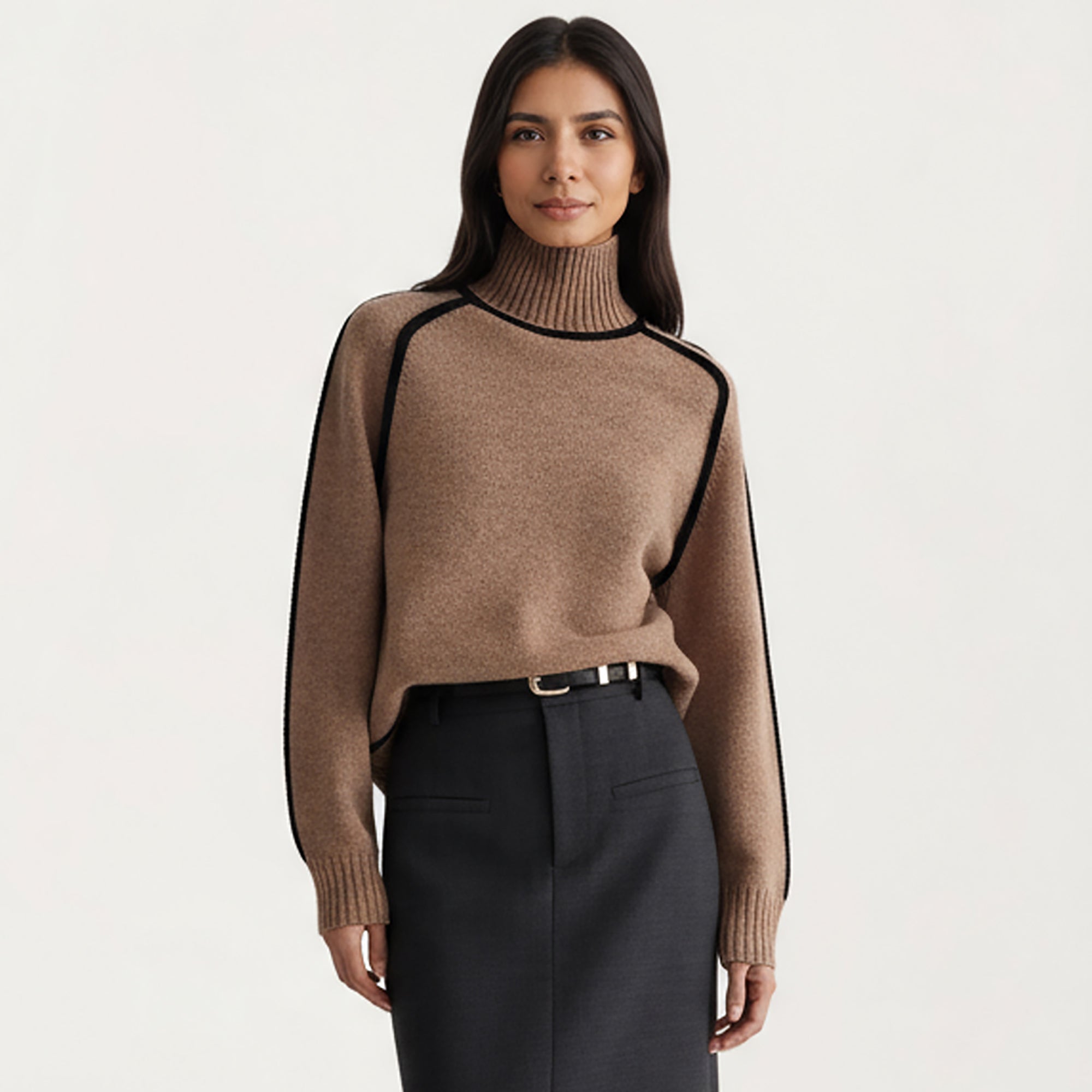 Anna-Kaci Women's Turtleneck Pullover Top with Contrast Trim Details and Ribbed Hemline for a Clean Modern Silhouette