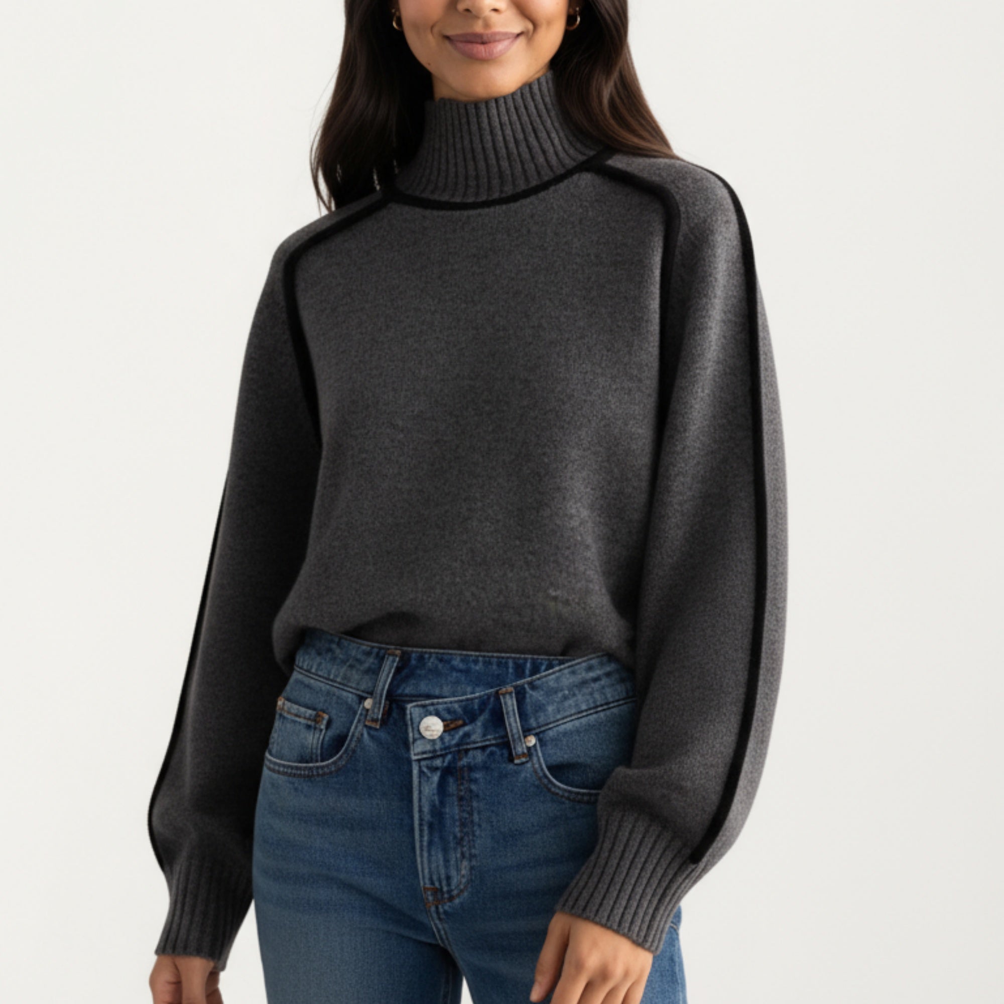 Anna-Kaci Women's Turtleneck Pullover Top with Contrast Trim Details and Ribbed Hemline for a Clean Modern Silhouette
