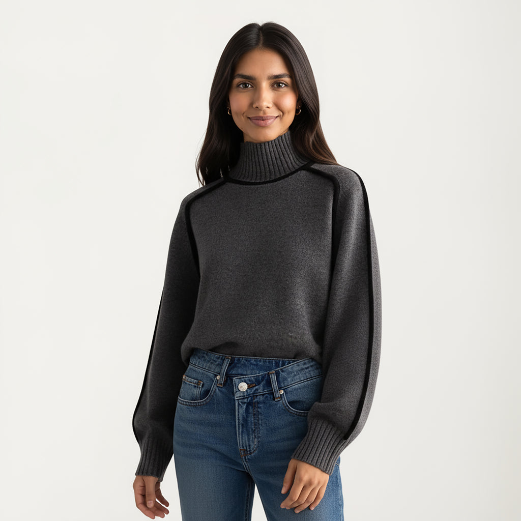 Anna-Kaci Women's Turtleneck Pullover Top with Contrast Trim Details and Ribbed Hemline for a Clean Modern Silhouette