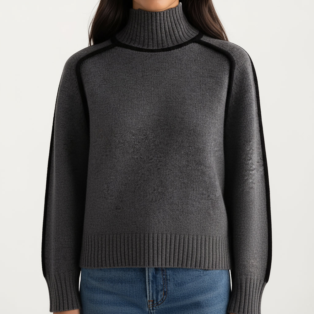 Anna-Kaci Women's Turtleneck Pullover Top with Contrast Trim Details and Ribbed Hemline for a Clean Modern Silhouette