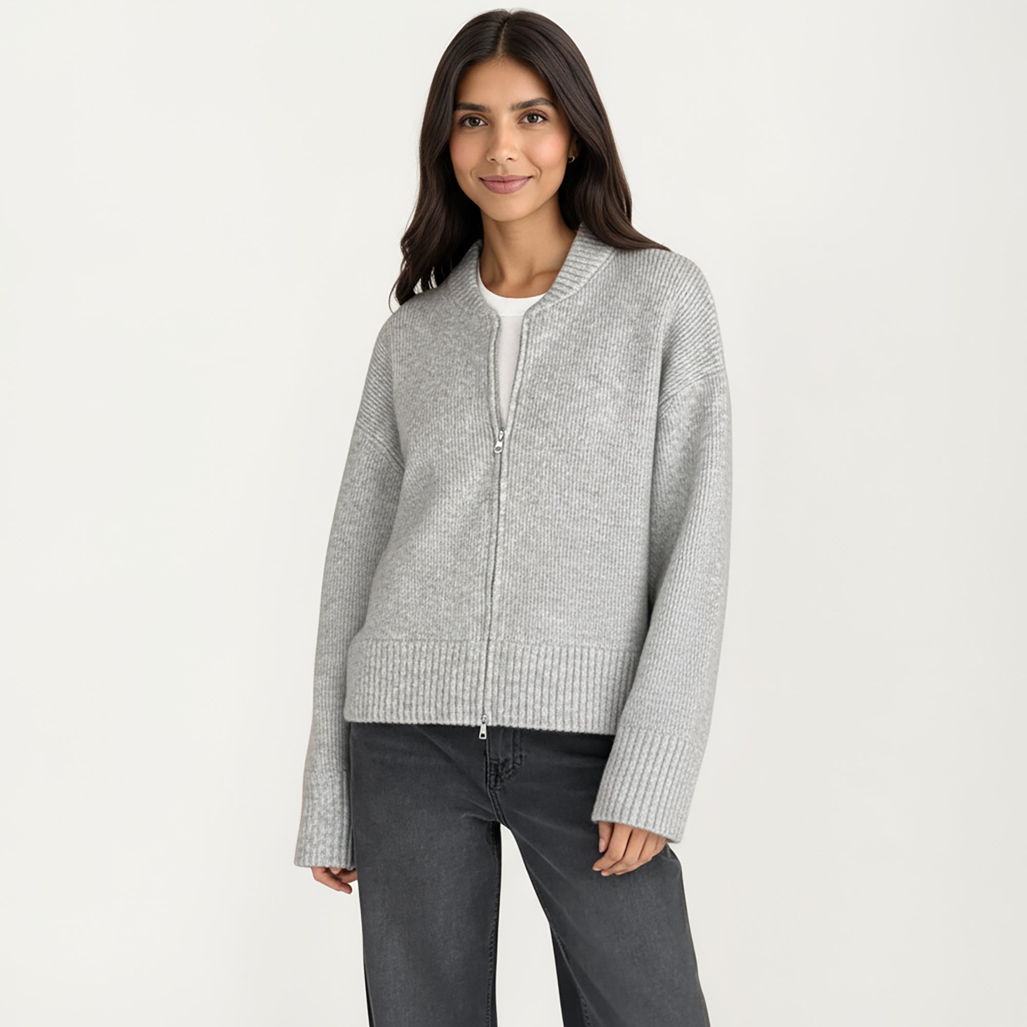 Anna-Kaci Women's Zip Front Rib Knit Pullover Top with Structured Cuffs and Textured Hem for a Clean Modern Finish