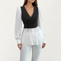 Anna-Kaci Women¡¯s Long Sleeve Layered Top with Ribbed Knit Wrap Bodice, Structured Cuffs, and Flowy Buttoned Hem