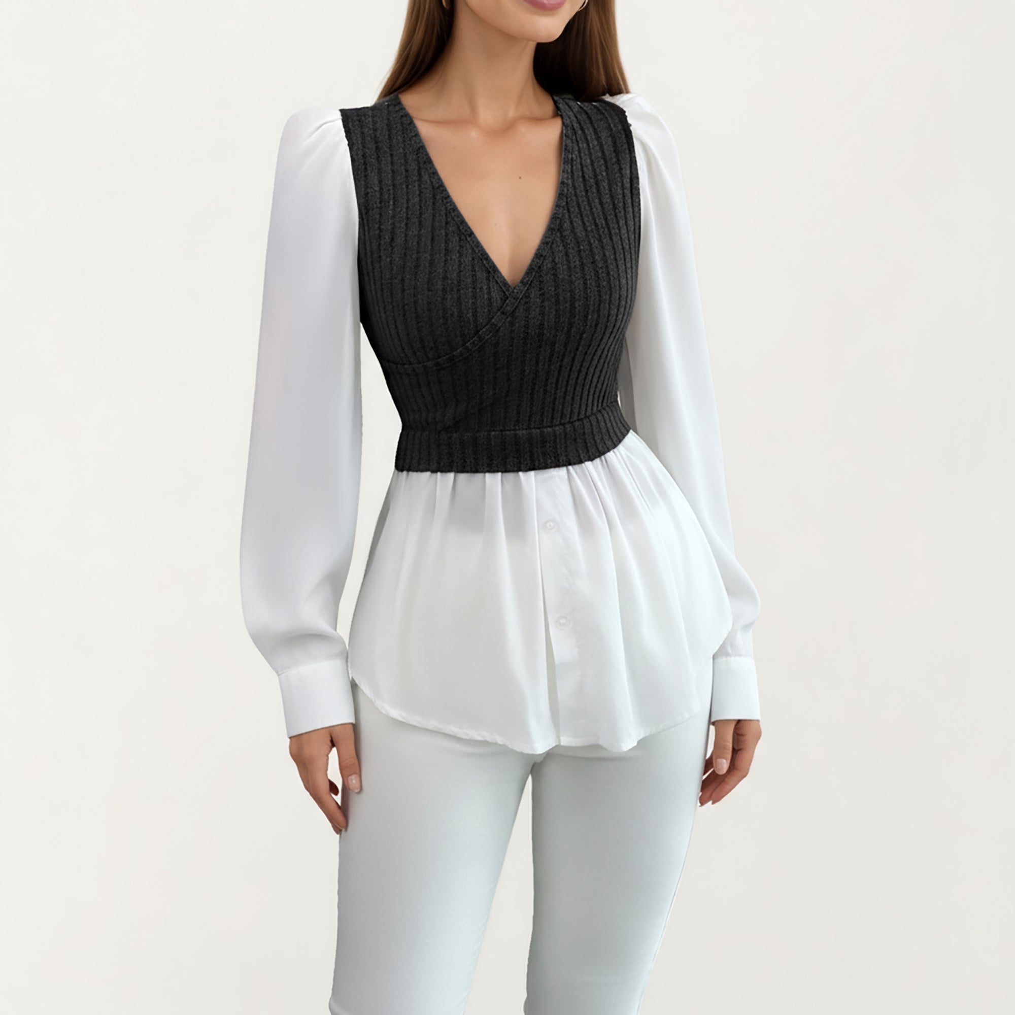 Anna-Kaci Women¡¯s Long Sleeve Layered Top with Ribbed Knit Wrap Bodice, Structured Cuffs, and Flowy Buttoned Hem