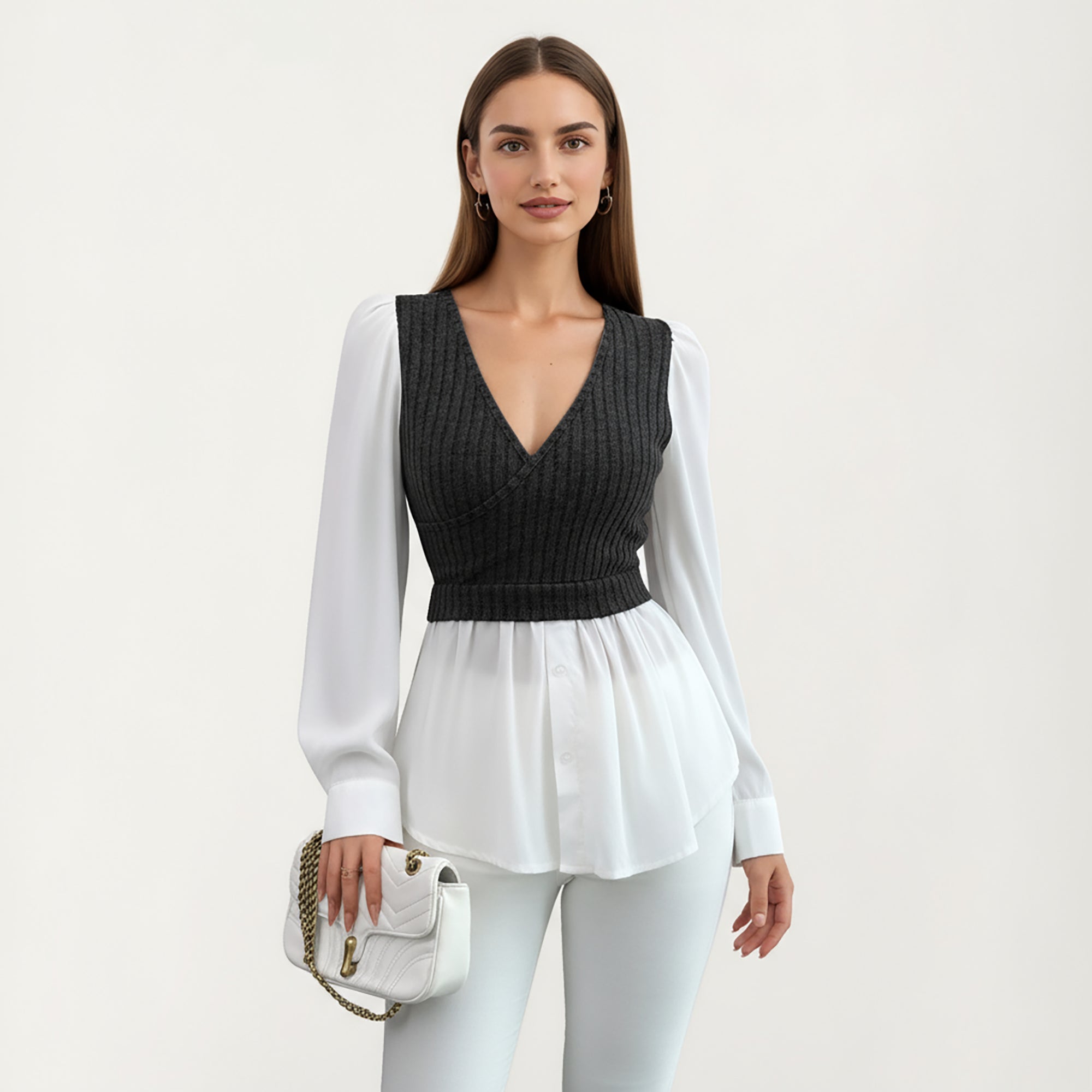 Anna-Kaci Women¡¯s Long Sleeve Layered Top with Ribbed Knit Wrap Bodice, Structured Cuffs, and Flowy Buttoned Hem