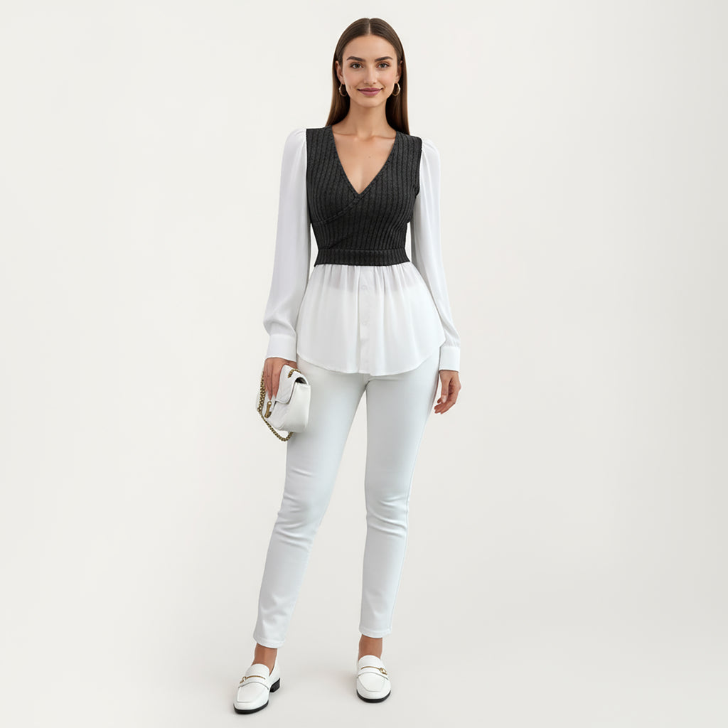 Anna-Kaci Women¡¯s Long Sleeve Layered Top with Ribbed Knit Wrap Bodice, Structured Cuffs, and Flowy Buttoned Hem