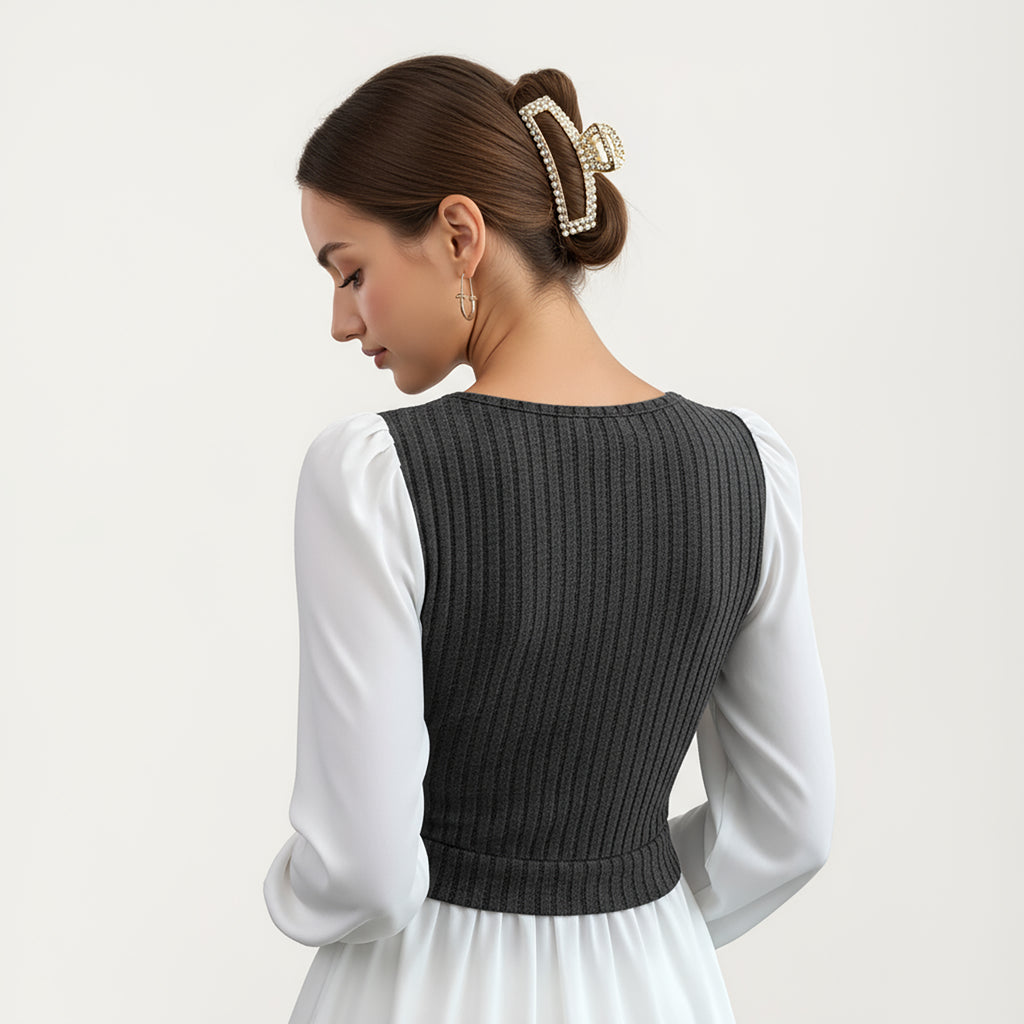 Anna-Kaci Women¡¯s Long Sleeve Layered Top with Ribbed Knit Wrap Bodice, Structured Cuffs, and Flowy Buttoned Hem