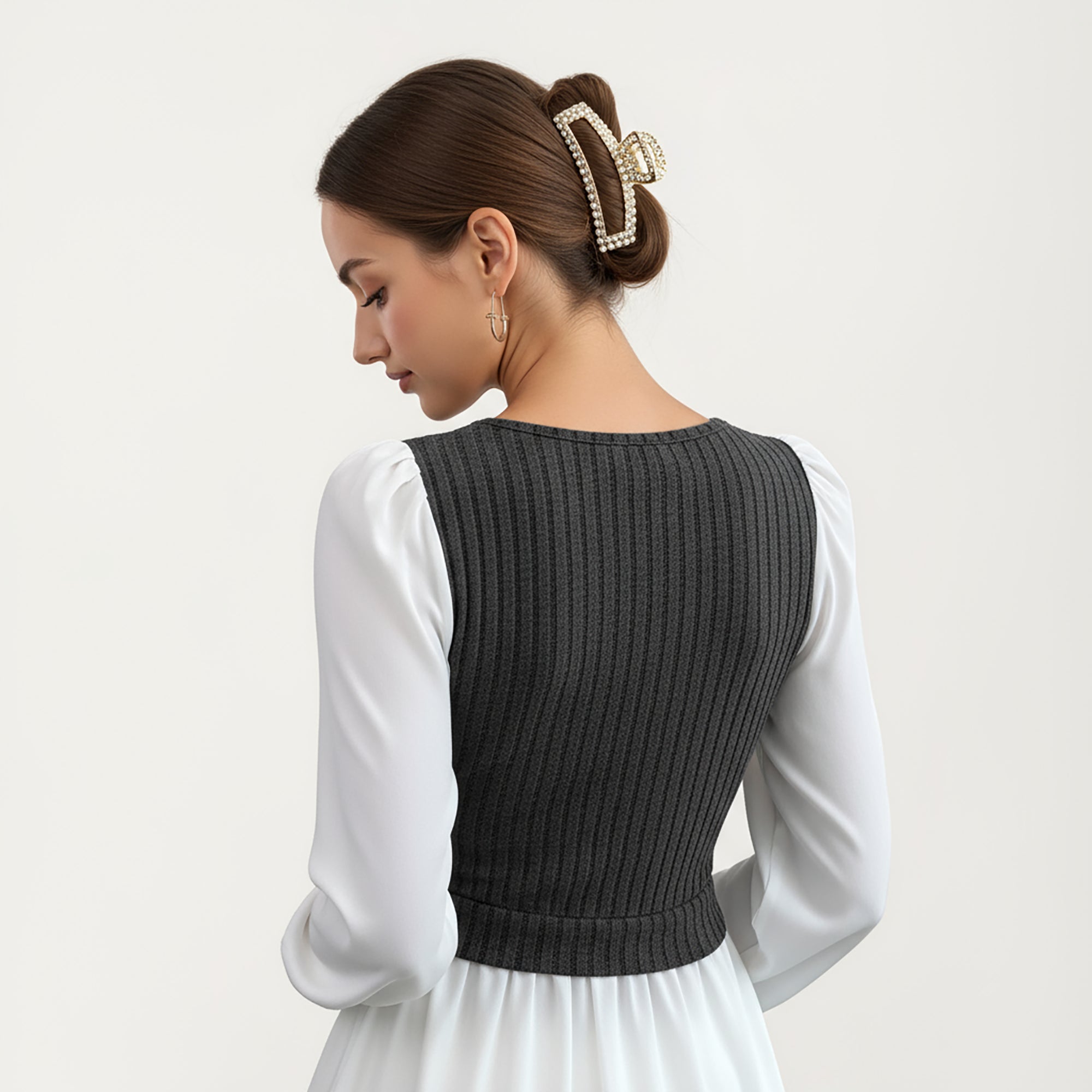 Anna-Kaci Women¡¯s Long Sleeve Layered Top with Ribbed Knit Wrap Bodice, Structured Cuffs, and Flowy Buttoned Hem