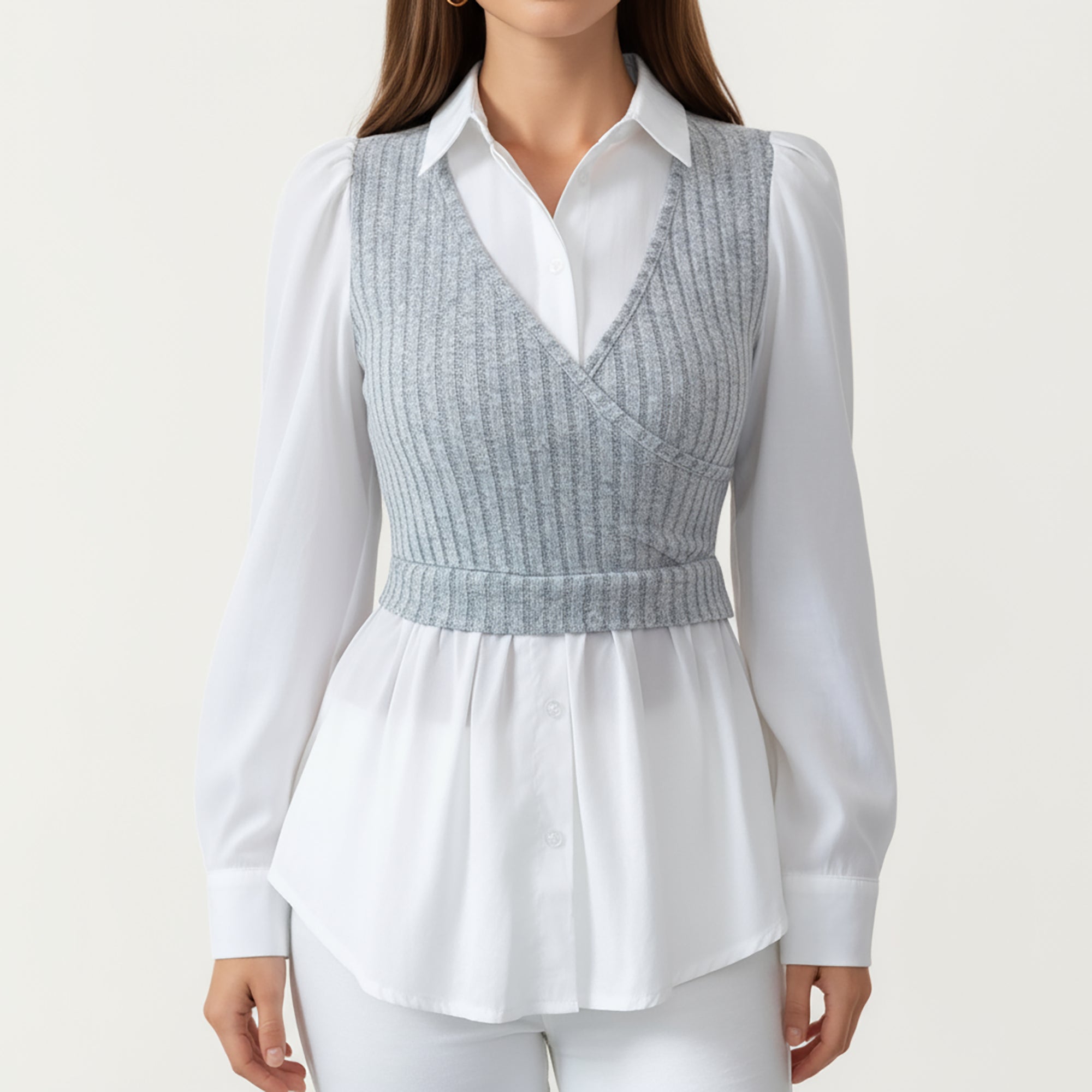 Anna-Kaci Women¡¯s Long Sleeve Layered Top with Ribbed Knit Wrap Bodice, Structured Cuffs, and Flowy Buttoned Hem