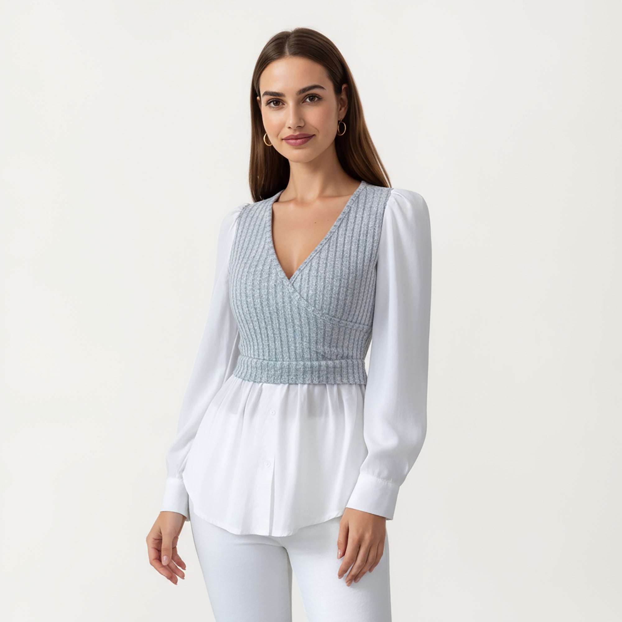 Anna-Kaci Women¡¯s Long Sleeve Layered Top with Ribbed Knit Wrap Bodice, Structured Cuffs, and Flowy Buttoned Hem