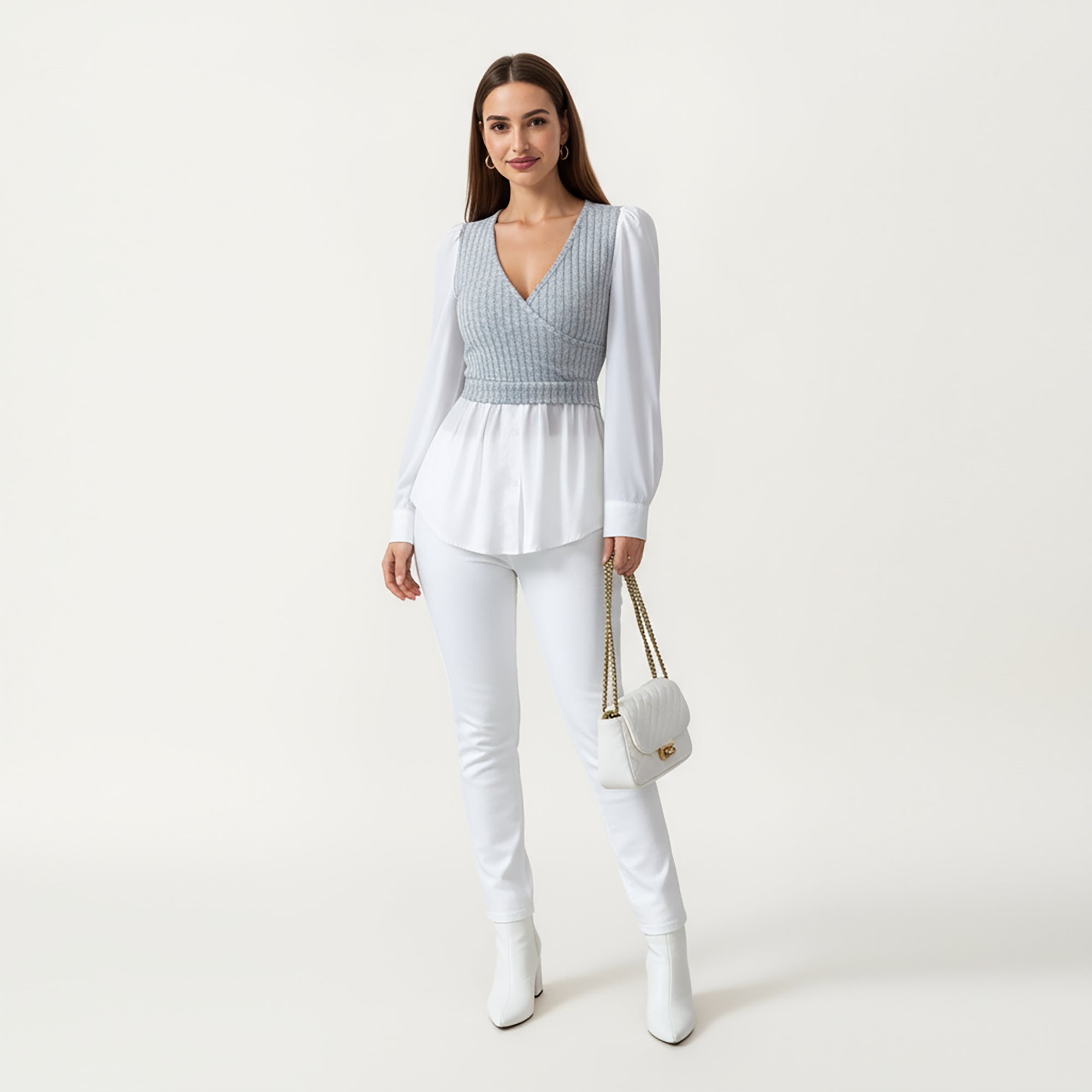 Anna-Kaci Women¡¯s Long Sleeve Layered Top with Ribbed Knit Wrap Bodice, Structured Cuffs, and Flowy Buttoned Hem