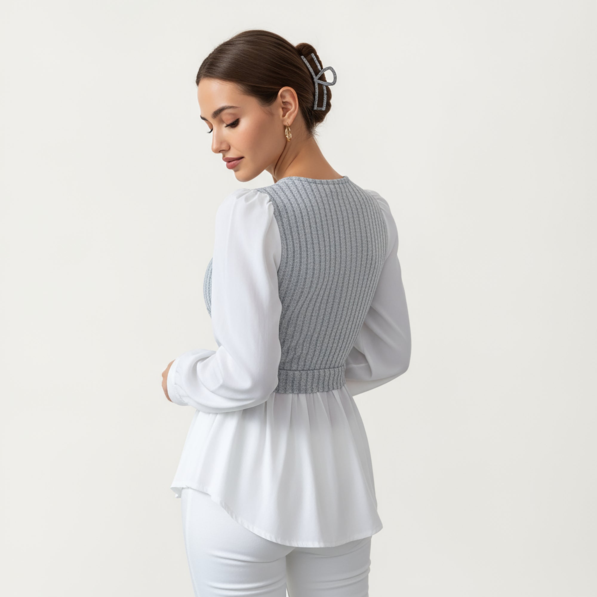 Anna-Kaci Women¡¯s Long Sleeve Layered Top with Ribbed Knit Wrap Bodice, Structured Cuffs, and Flowy Buttoned Hem