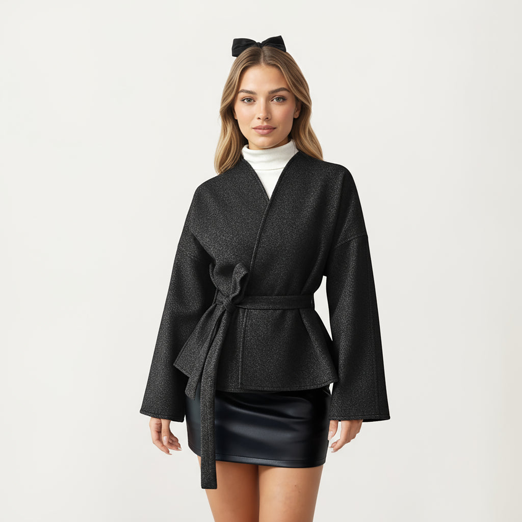 Anna-Kaci Women¡¯s Wrap Front Belted Jacket with Soft Textured Fabric, Wide Sleeves, and Structured Peplum Shape