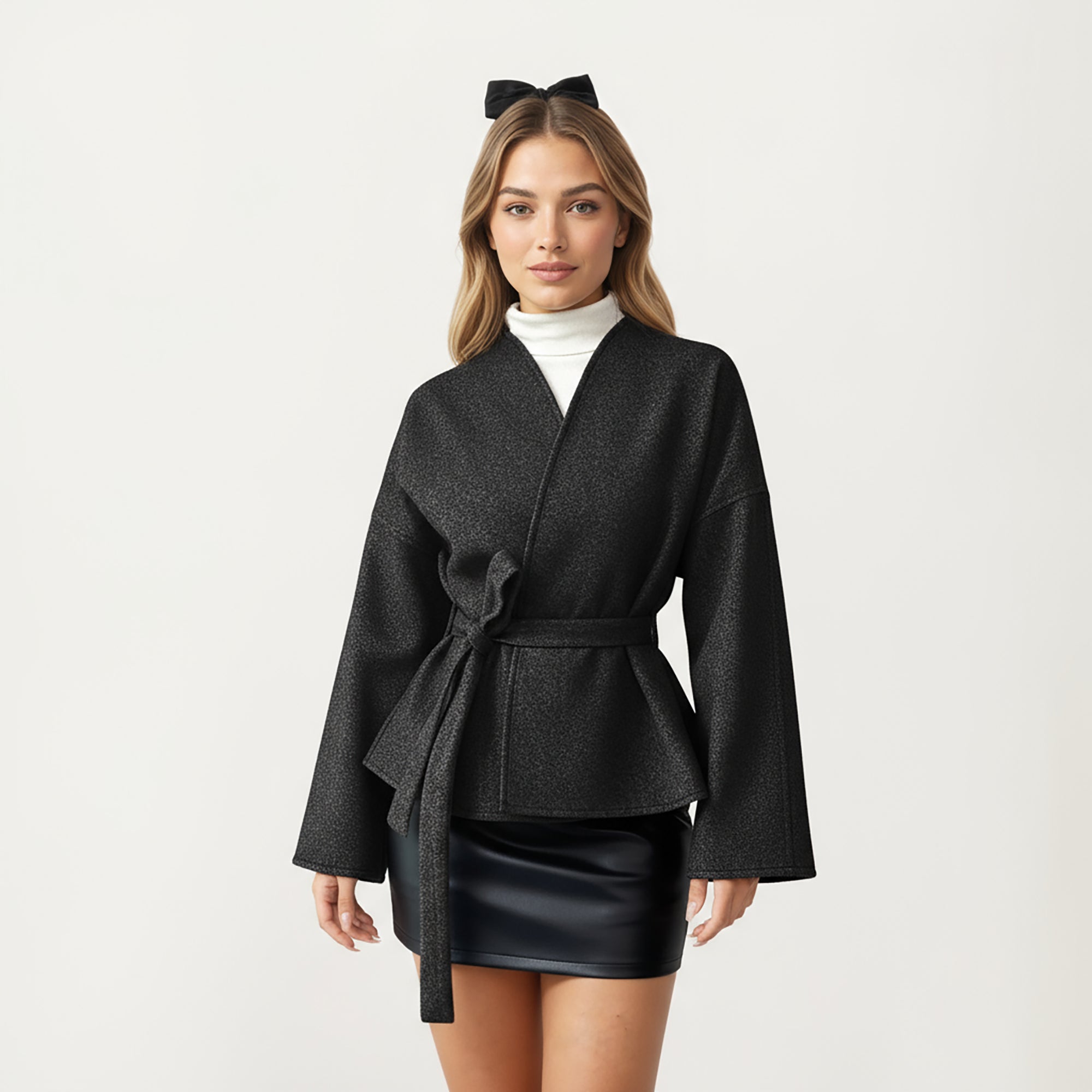Anna-Kaci Women¡¯s Wrap Front Belted Jacket with Soft Textured Fabric, Wide Sleeves, and Structured Peplum Shape