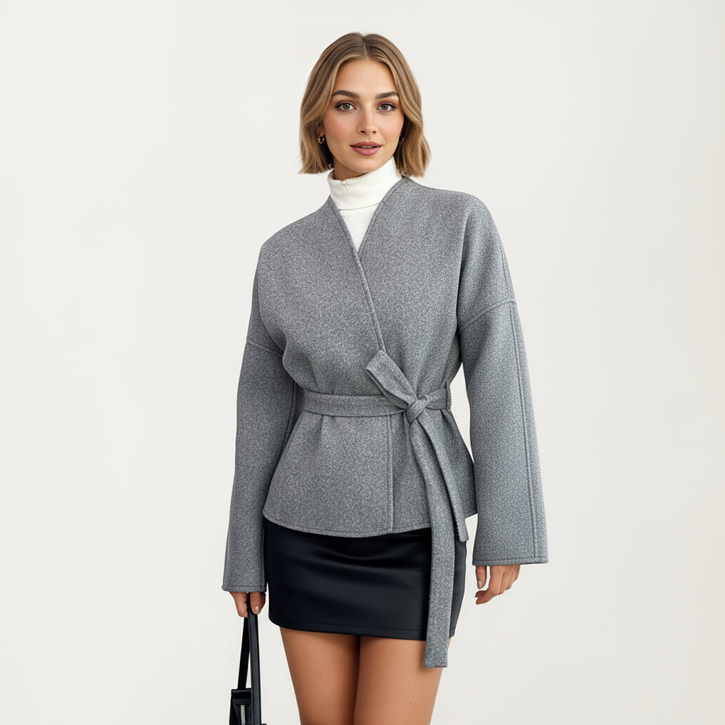 Anna-Kaci Women¡¯s Wrap Front Belted Jacket with Soft Textured Fabric, Wide Sleeves, and Structured Peplum Shape