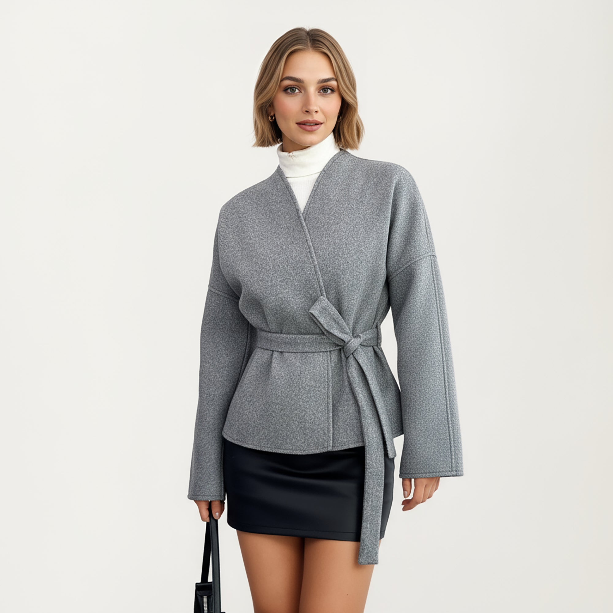 Anna-Kaci Women¡¯s Wrap Front Belted Jacket with Soft Textured Fabric, Wide Sleeves, and Structured Peplum Shape