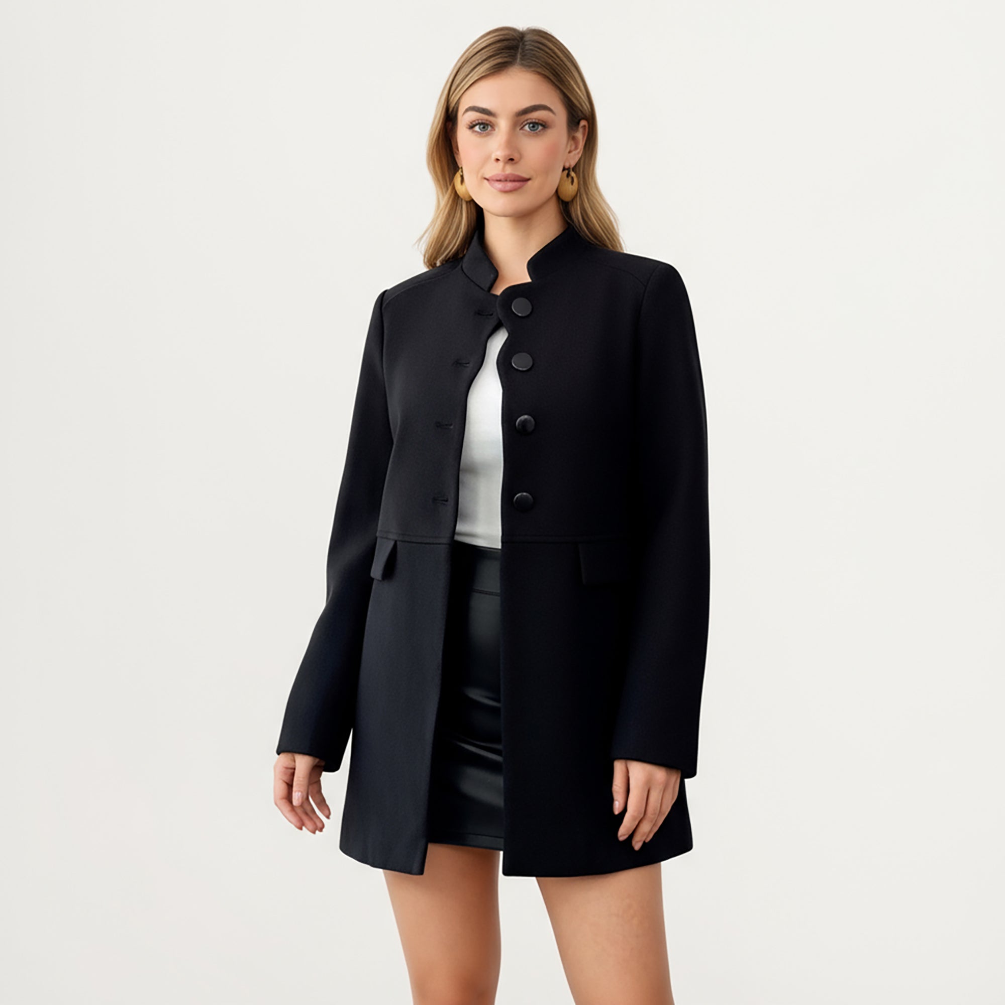 Anna-Kaci Women¡¯s Long Sleeve Button Front Coat with Structured Stand Collar, Clean Panel Lines, and Tailored A-Line Shape