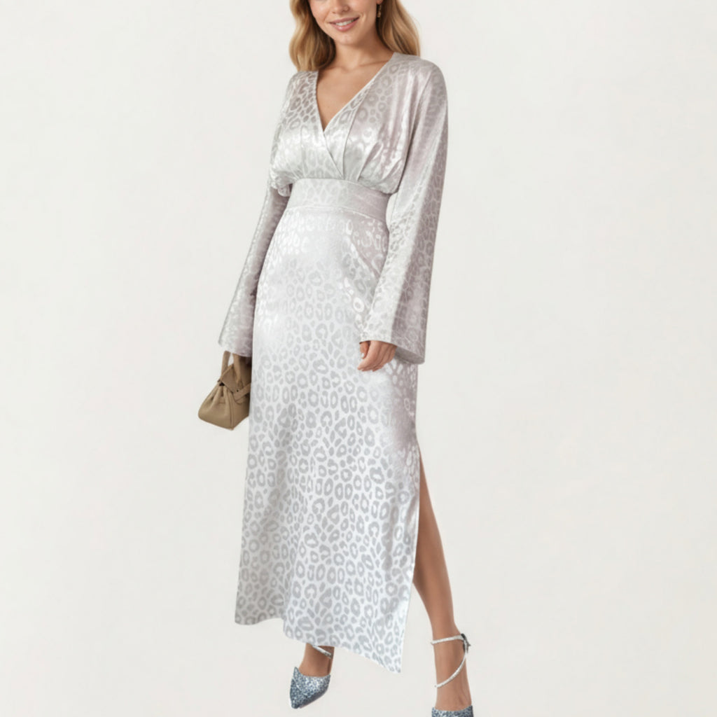 Anna-Kaci Women¡¯s Long Sleeve Maxi Dress with Wrapped V-Neck Bodice, Wide Cinched Waistband, and Subtle Shimmer Leopard Pattern