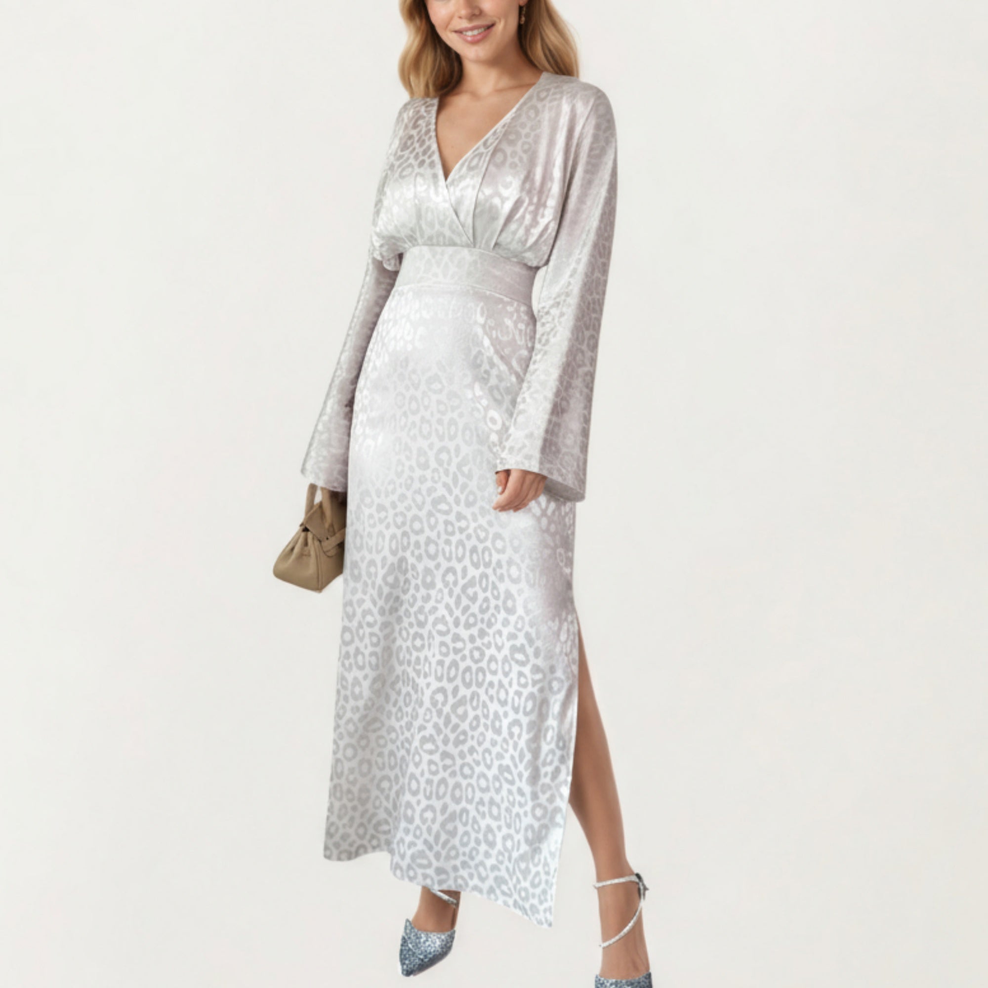 Anna-Kaci Women¡¯s Long Sleeve Maxi Dress with Wrapped V-Neck Bodice, Wide Cinched Waistband, and Subtle Shimmer Leopard Pattern