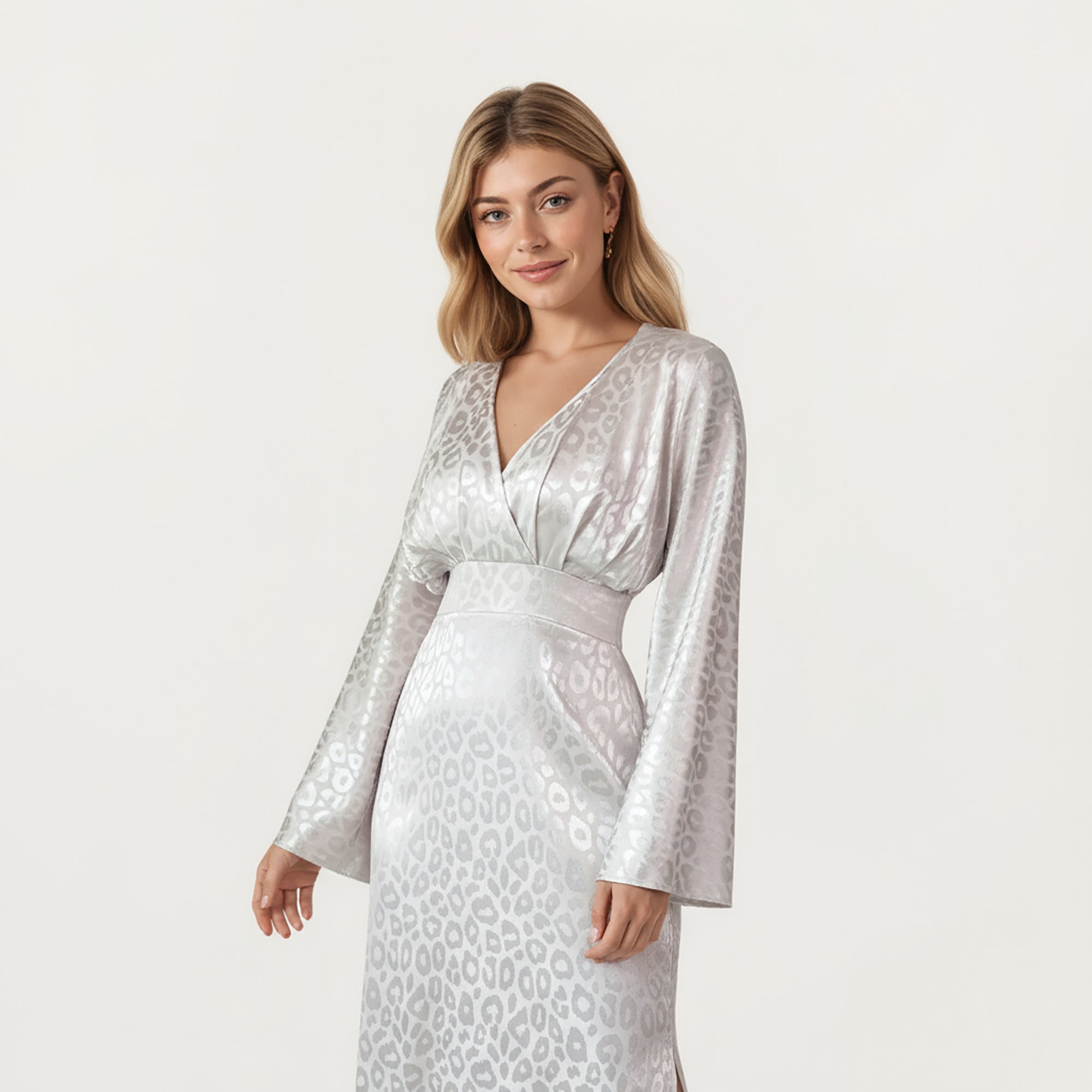Anna-Kaci Women¡¯s Long Sleeve Maxi Dress with Wrapped V-Neck Bodice, Wide Cinched Waistband, and Subtle Shimmer Leopard Pattern