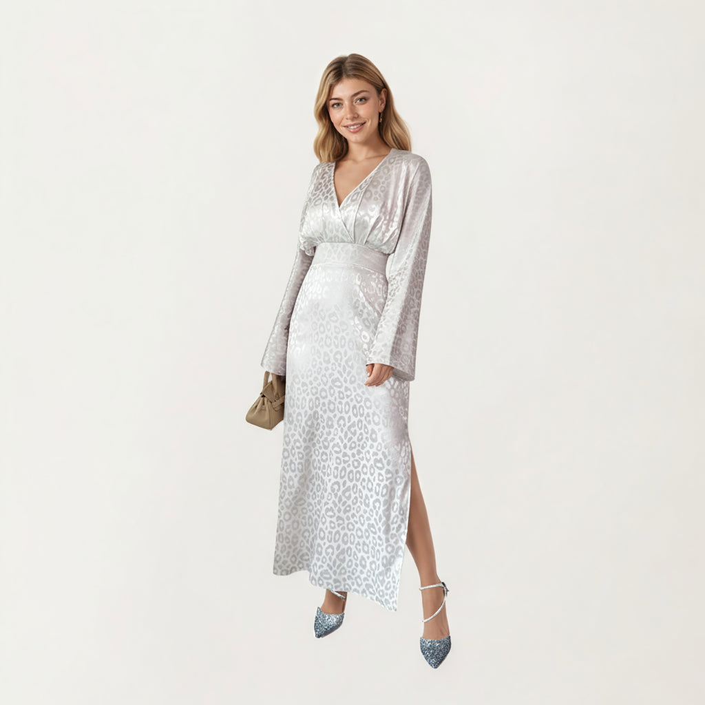 Anna-Kaci Women¡¯s Long Sleeve Maxi Dress with Wrapped V-Neck Bodice, Wide Cinched Waistband, and Subtle Shimmer Leopard Pattern