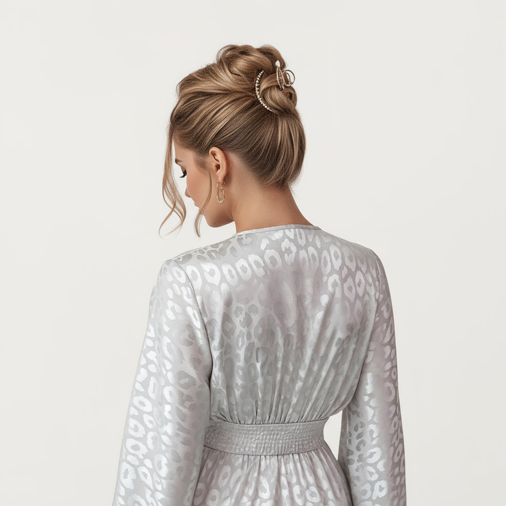 Anna-Kaci Women¡¯s Long Sleeve Maxi Dress with Wrapped V-Neck Bodice, Wide Cinched Waistband, and Subtle Shimmer Leopard Pattern