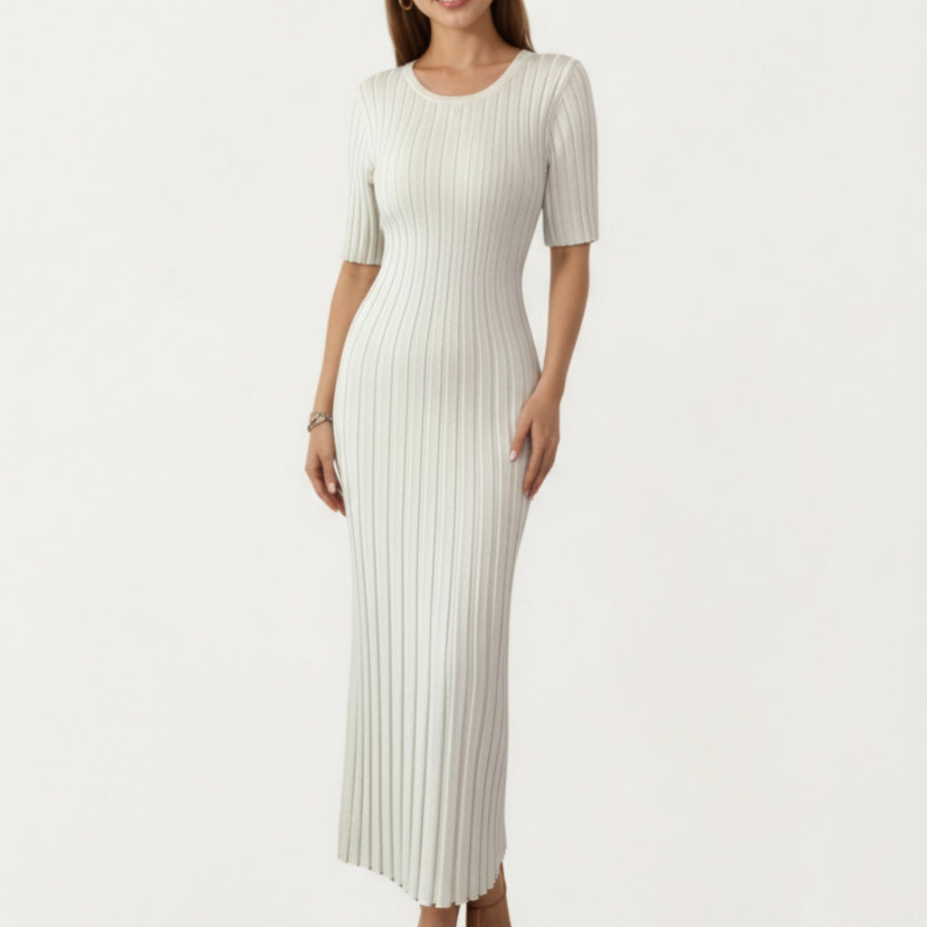 Anna-Kaci Women¡¯s Short Sleeve Ribbed Knit Maxi Dress with Fitted Contouring Silhouette and Vertical Textured Detailing