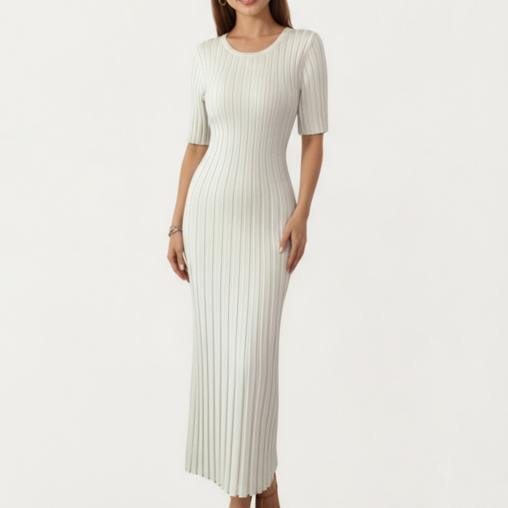 Anna-Kaci Women¡¯s Short Sleeve Ribbed Knit Maxi Dress with Fitted Contouring Silhouette and Vertical Textured Detailing