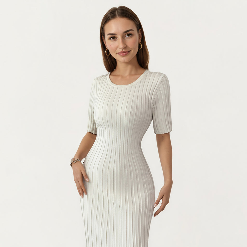 Anna-Kaci Women¡¯s Short Sleeve Ribbed Knit Maxi Dress with Fitted Contouring Silhouette and Vertical Textured Detailing