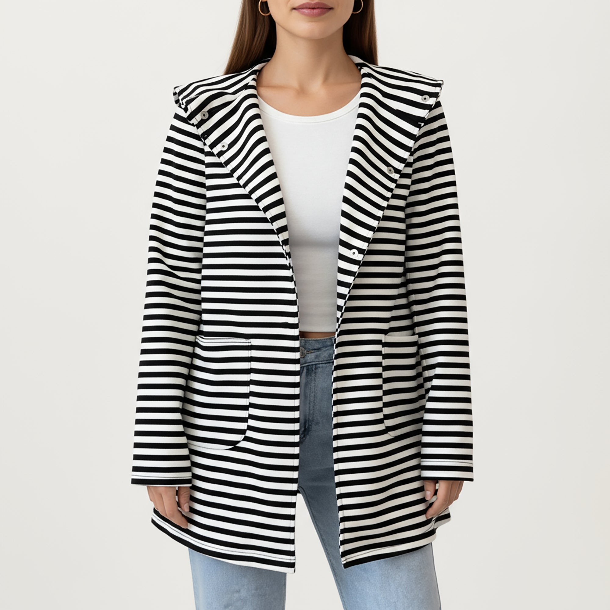Anna-Kaci Women¡¯s Striped Long Sleeve Hooded Jacket with Front Patch Pockets and Clean Open Front Structured Silhouette
