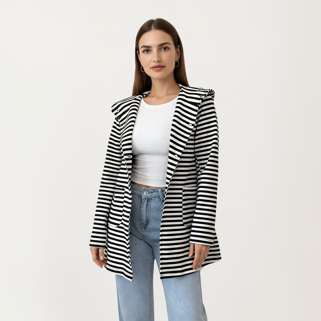 Anna-Kaci Women¡¯s Striped Long Sleeve Hooded Jacket with Front Patch Pockets and Clean Open Front Structured Silhouette